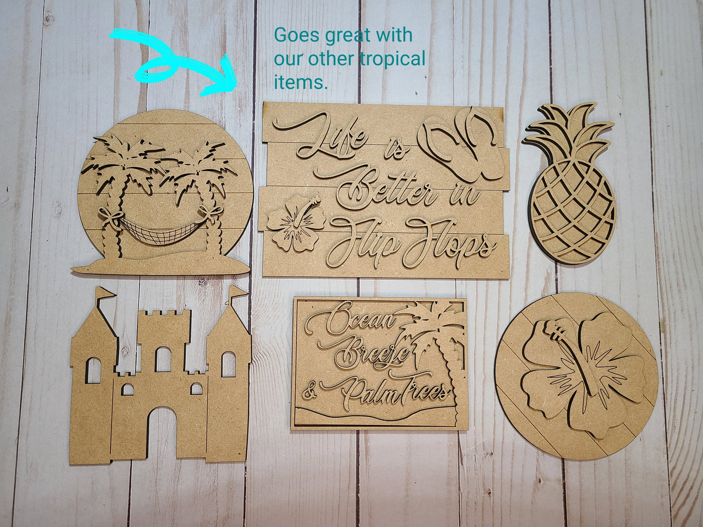 Ocean Breeze, Palm Trees Party Kit Tropical Hawaii #2593 - Multiple Sizes Available - Unfinished Wood Cutout Shapes