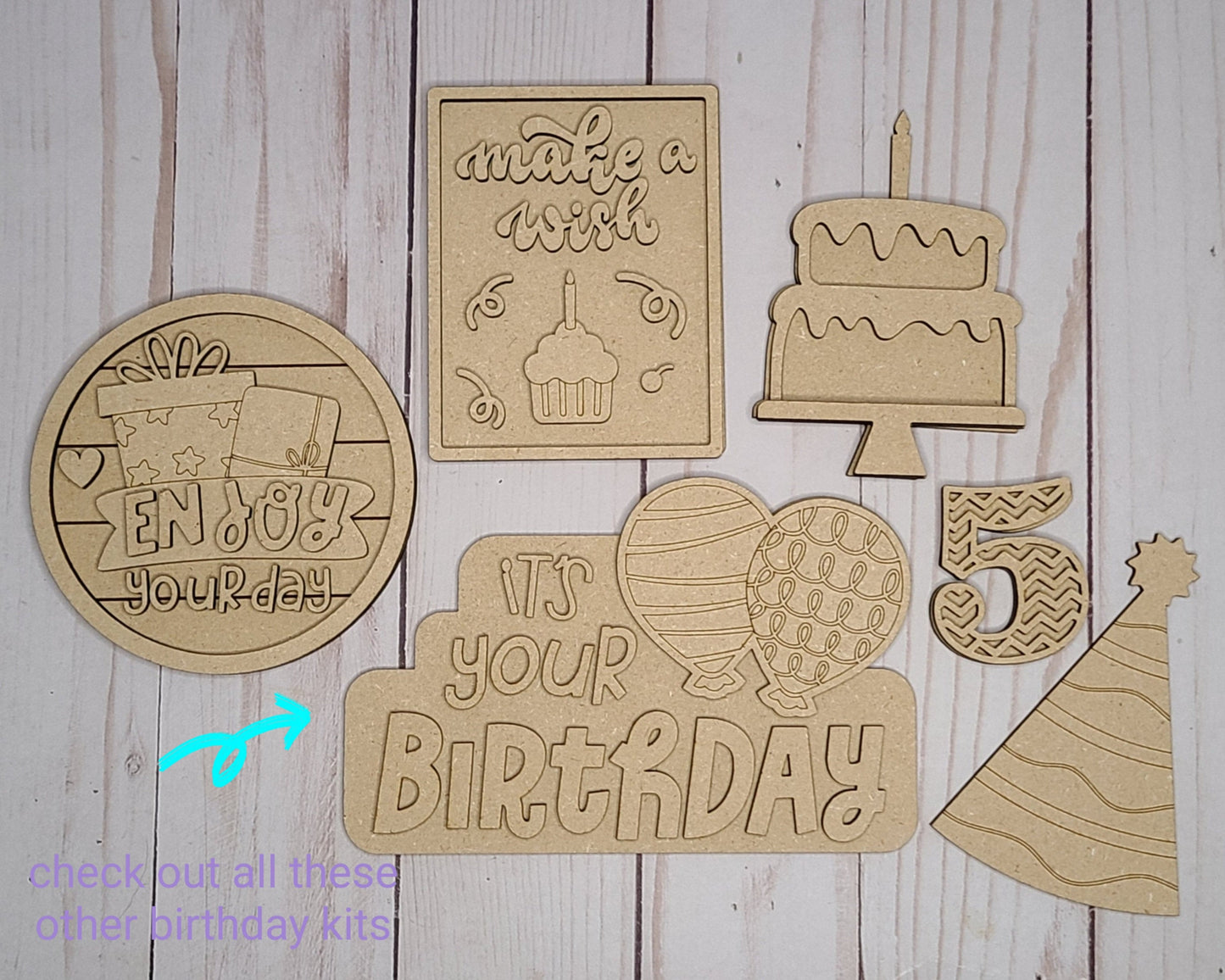 Birthday Cake Party Kit Birthday Decor Kit DIY Paint kit #2662 - Multiple Sizes Available - Unfinished Wood Cutout Shapes