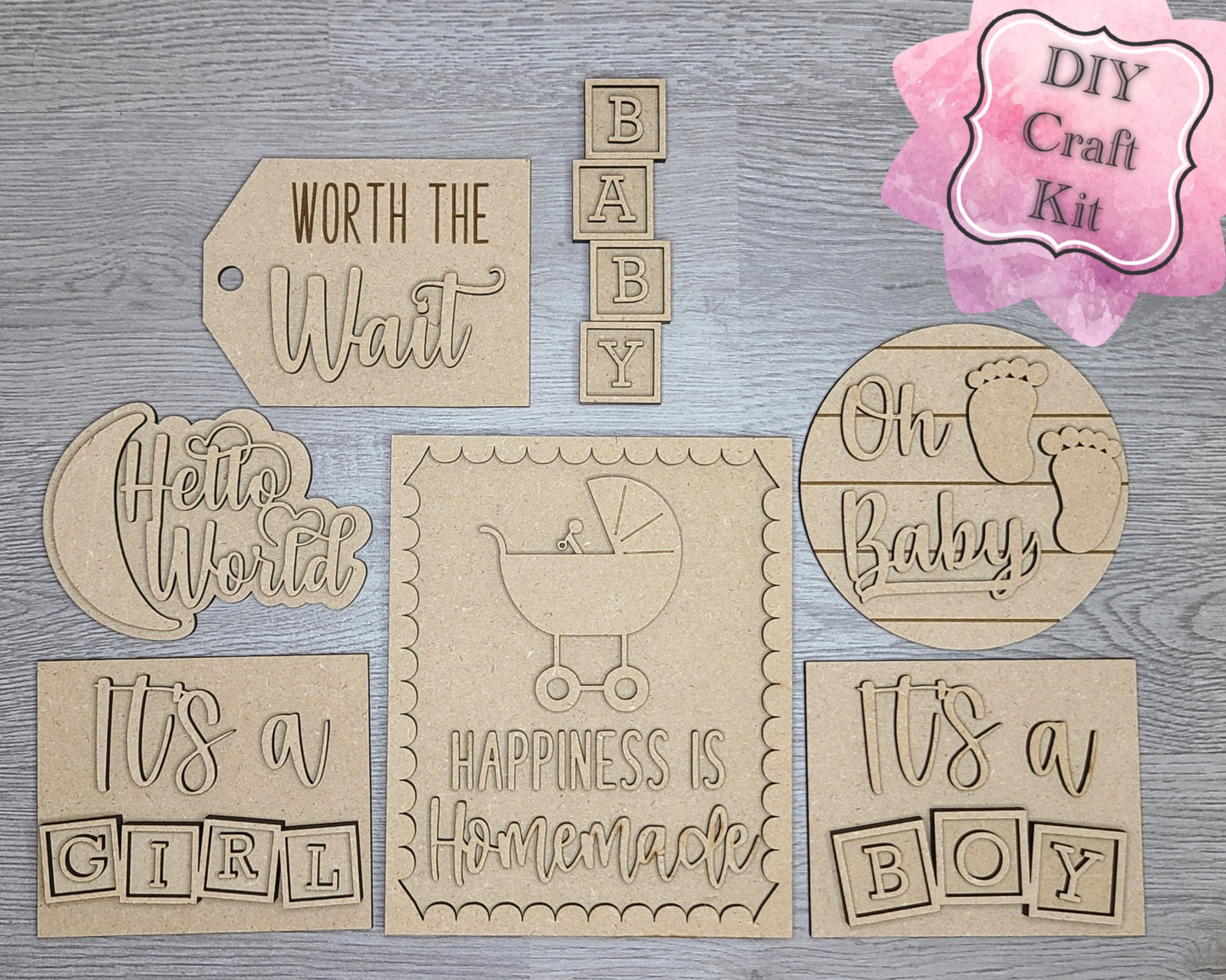 Hello World Baby Shower DIY Craft Kit #2895 - Multiple Sizes Available - Unfinished Wood Cutout Shapes