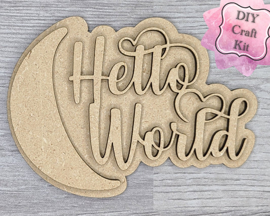Hello World Baby Shower DIY Craft Kit #2895 - Multiple Sizes Available - Unfinished Wood Cutout Shapes
