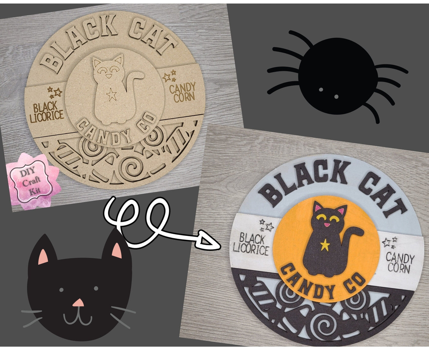 Black Cat Candy Co Halloween Decor DIY Paint kit #3140 - Multiple Sizes Available - Unfinished Wood Cutout Shapes