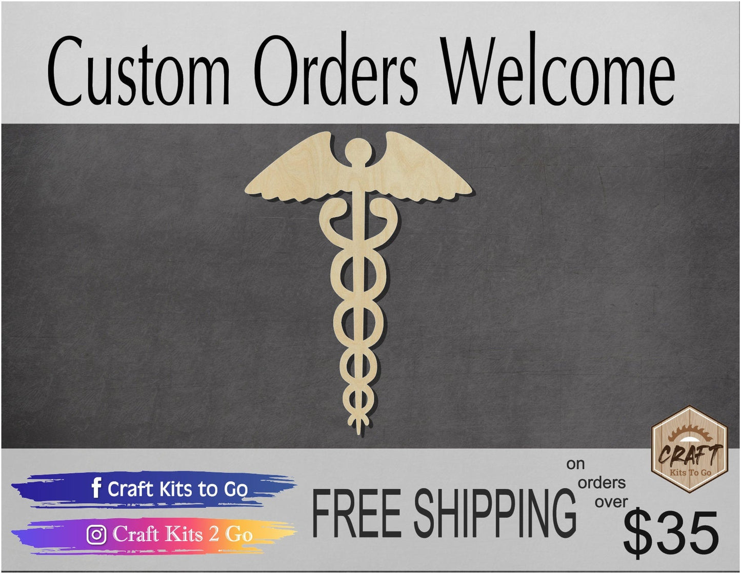 Caduceus Wood blank cutouts #1245 - Multiple Sizes Available - Unfinished Wood Cutout Shapes