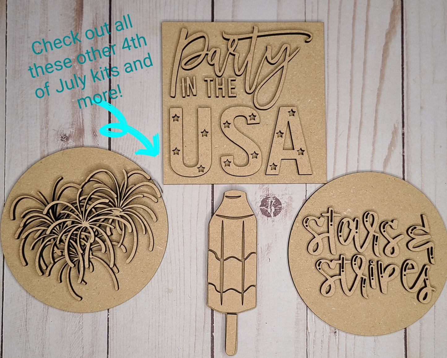Party in the USA 4th of July Patriotic Decor Craft Kit Paint Party Kit #2642 - Multiple Sizes Available - Unfinished Wood Cutout Frames