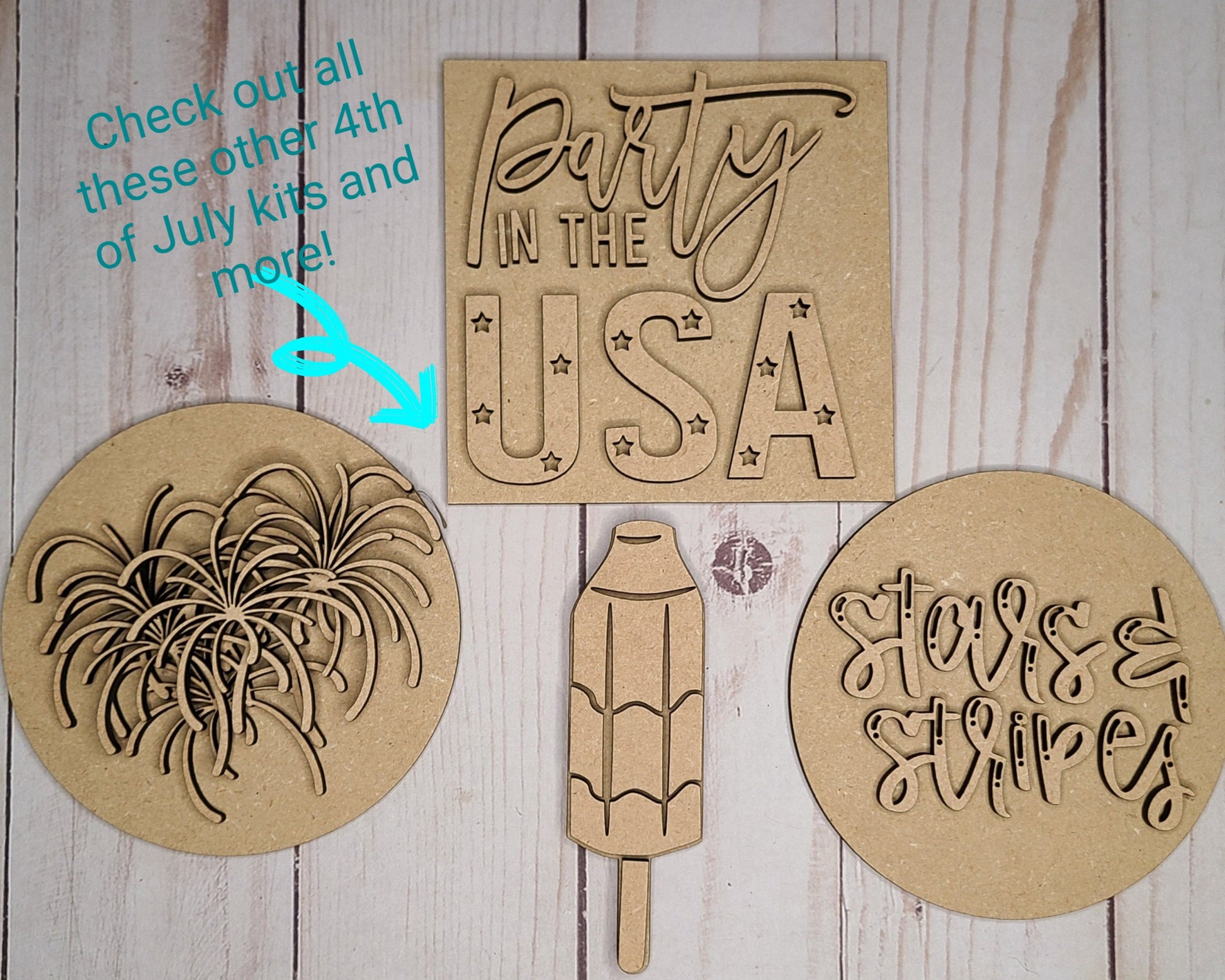 Party in the USA 4th of July Patriotic Decor Craft Kit Paint Party Kit #2642 - Multiple Sizes Available - Unfinished Wood Cutout Frames
