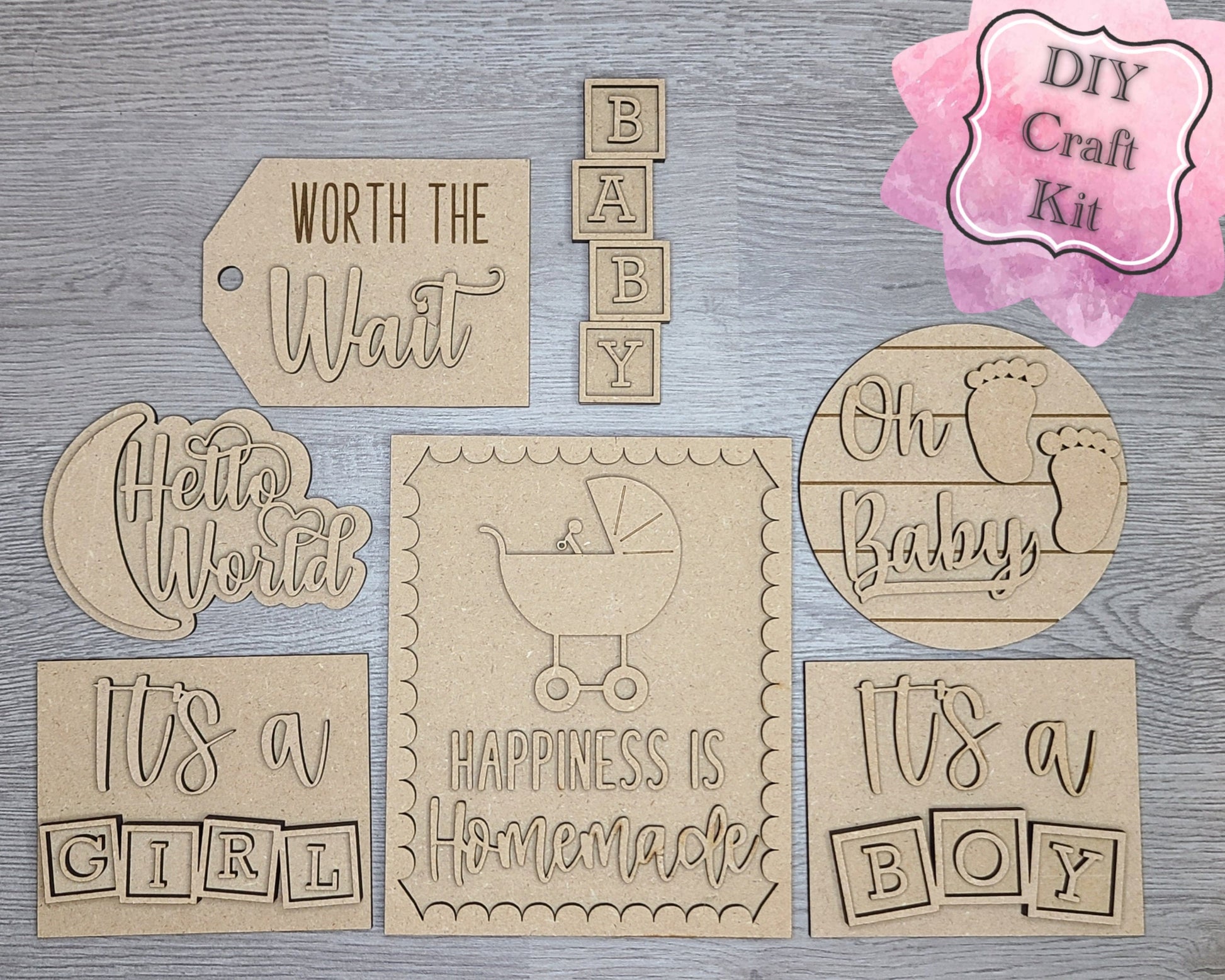 Hello World Baby Shower DIY Craft Kit #2895 - Multiple Sizes Available - Unfinished Wood Cutout Shapes